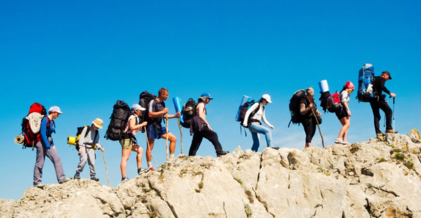 Hikers group trekking in Crimea